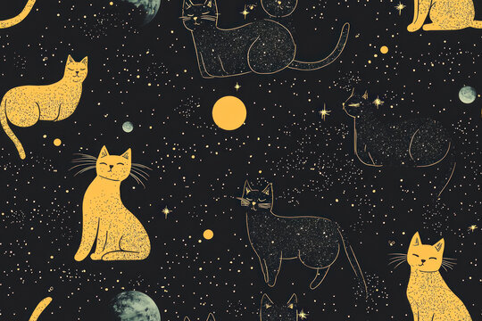 Cats space background. Cosmic seamless pattern with cats floating in space.