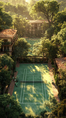 Tennis court, tennis court, overhead view, high resolution rendering