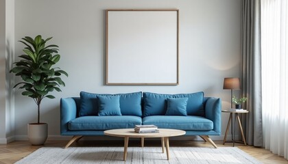 minimalistic interrior desighn with blue sofa and blank canvas mockup on a wall. A 3D render of a minimalist living room with a blue velvet sofa and a large square picture frame on a wall