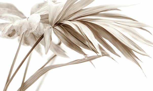 Close-up of a dried palm leaf, with a white background.