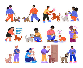 People with dogs. Owners and pets illustration. 