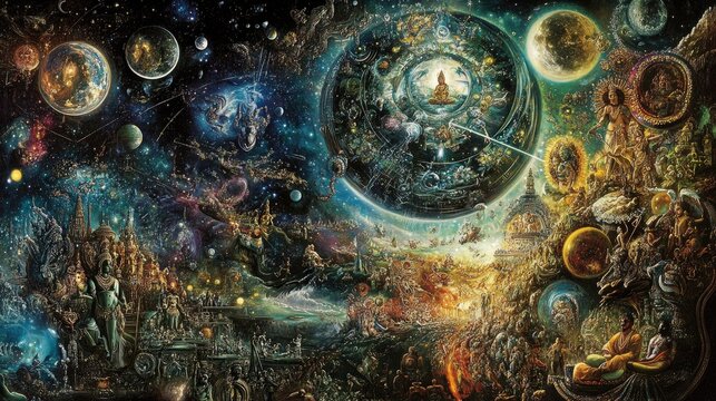 A dynamic image of Lord Vishnu in his cosmic form, surrounded by a multitude of deities and celestial beings, embodying the protector of the universe.