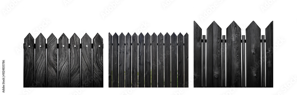 Poster a wooden fence with pointed tops is painted black. the fence is made of vertical planks with visible