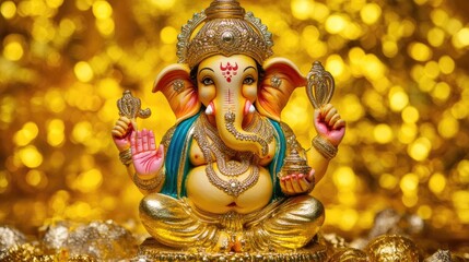 Fototapeta premium A majestic statue of Lord Ganesha in vibrant colors, set against a golden background, with intricate details in his ornaments and crown.