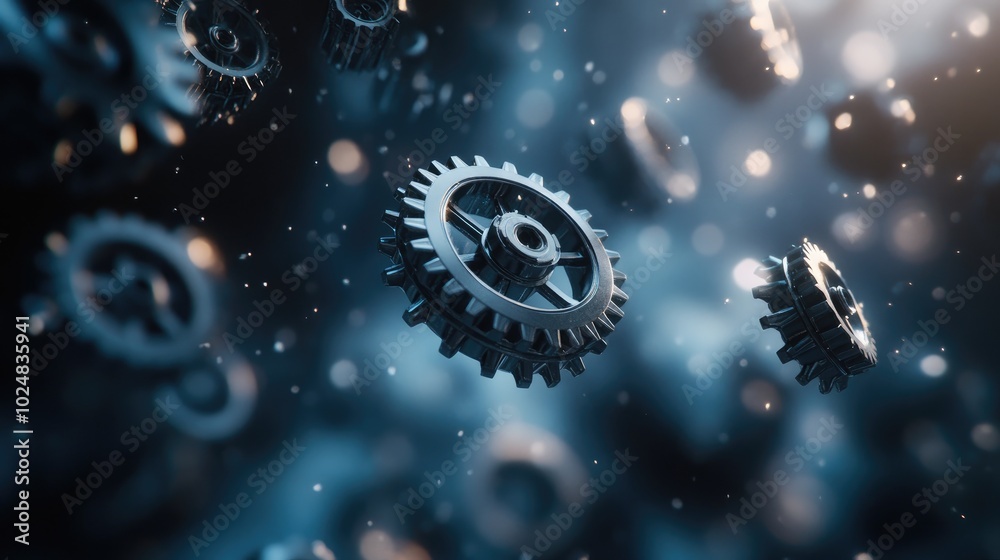 Poster abstract 3d gears floating in space, each gear representing a different aspect of business managemen