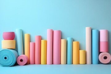 Several rolls of yoga props are lined up against a blue wall