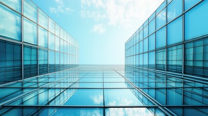 Obraz premium A modern office building exterior with large glass windows, photographed from below
