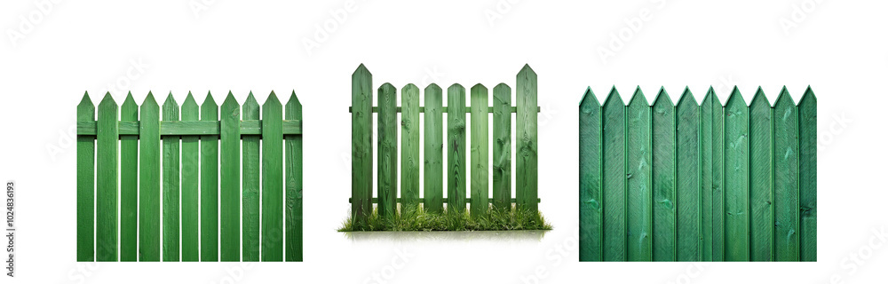 Poster three sections of a wooden fence with pointed green slats.