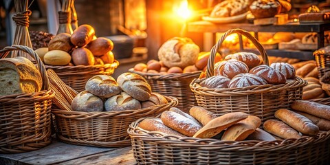 Freshly Baked Goods Display at Outdoor Market Stall in Low Light Photography
