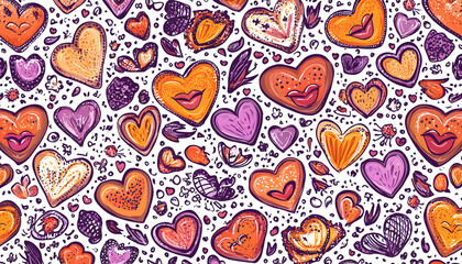 A seamless pattern of hand-drawn hearts in various shades of pink, orange, and purple, adorned with lips and swirls.