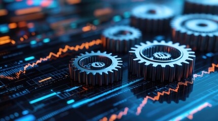 Detailed 3D rendering of gears with financial graphs in the background, symbolizing business growth through optimized processes.