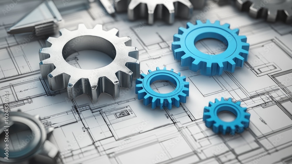 Poster dynamic 3d gears with blueprints in the background, emphasizing the planning and development stages 
