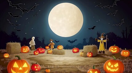 Fototapeta premium A spooky Halloween scene with jack-o'-lanterns, scarecrows, and bats under a full moon.