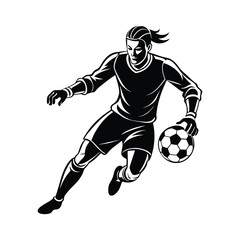 Silhouette of a male soccer goalkeeper in action, dribbling with determination. Clean, dynamic sports art isolated on white.
