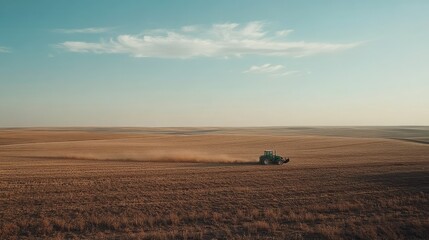 Obraz premium A tractor plowing a vast farmland, with large areas of soil and sky left for copy space. No people in sight