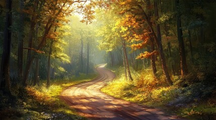 Fototapeta premium A winding dirt road leads through a sun-drenched forest, casting long shadows on the path.