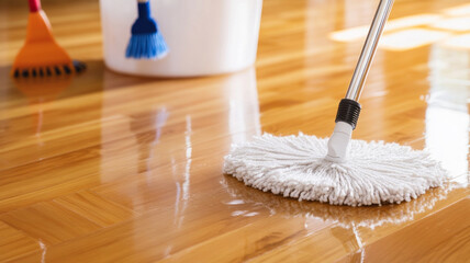 a smiling cleaner mopping a shiny wooden floor, with the mop bucket and cleaning supplies in the background,