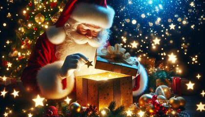 Santa Claus holding a gift with golden stars 