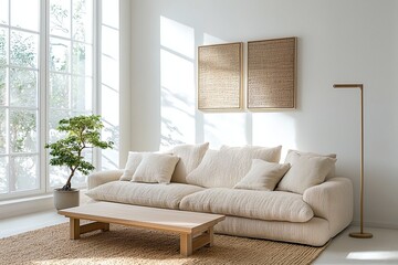 Minimalist, modern japandi interiors in the living room with windows and fluffy sofas. Generative AI
