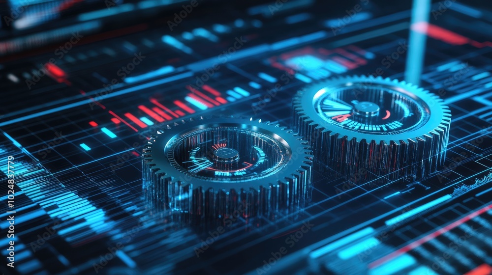 Poster transparent 3d gears rotating against a backdrop of business charts, highlighting the integration of