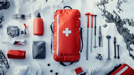 A vibrant red first aid kit is surrounded by various tools and supplies on a snowy surface, emphasizing winter safety and preparedness.