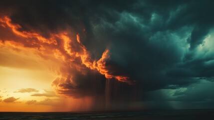 Fototapeta premium Dramatic sunset sky with dark storm clouds and rain.