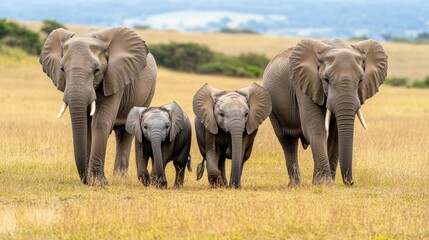 Obraz premium African elephant family walking across the savannah, with plenty of empty space in the background for text