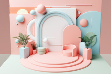 Minimal stage with podium, chair, palm leaves, abstract background. Pastel pink and blue color scheme. Trendy 3D render for social media banners, promotion, cosmetics show