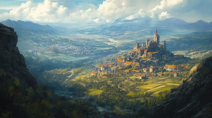 Fototapeta premium A picturesque medieval city nestled in a valley surrounded by mountains, with a river winding through the landscape.