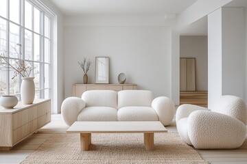 Fototapeta premium A modern Japani interior in the living room with minimalist, plush boucle sofas and armchairs and tables. Generative AI 