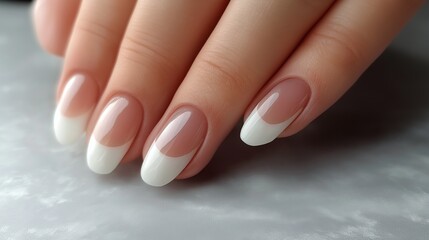 Women's manicure with a delicate French design, gel polish with white stripes