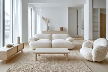 A modern Japani interior in the living room with minimalist, plush boucle sofas and armchairs and tables. Generative AI
