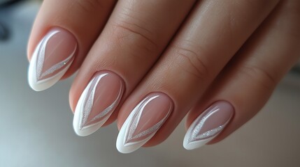 Women's manicure with a delicate French design, gel polish with white stripes