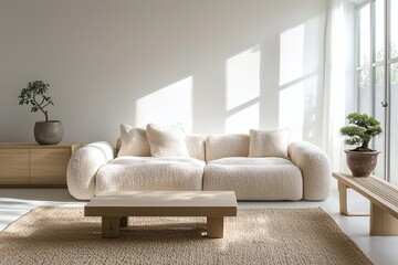 Minimalist, modern japandi interiors in the living room with boucle sofas and bonsai in view. Generative AI
