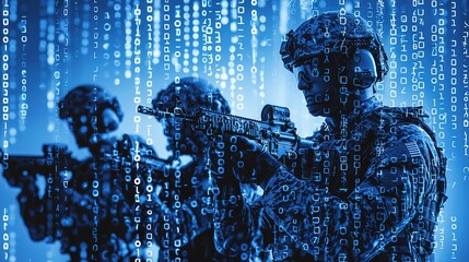 Soldiers in combat gear stand among digital binary code, symbolizing the intersection of military and technology.