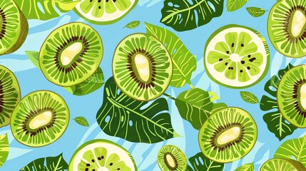 Fototapeta premium A bright, colorful pattern of kiwi fruit slices and tropical leaves on a blue background.