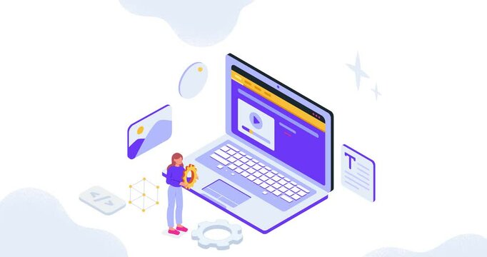 Web design. Moving banner with woman designing user interface of website homepage. Programming and engineering. Character creates template for landing page. Isometric 3D Animated Graphics