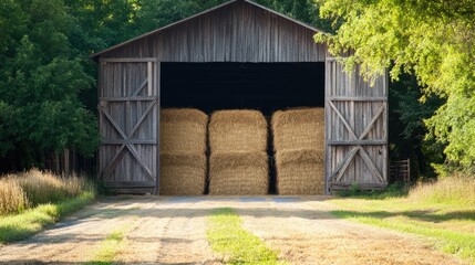 Barn doors open to reveal stored hay, with surrounding space available for copy. No people present.