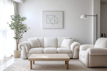 A modern Japani interior in the living room with minimalist, plush boucle sofas and armchairs and tables. Generative AI
