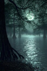 A full moon casts an ethereal glow over a misty swamp, illuminating the gnarled roots of cypress trees that line the water's edge.