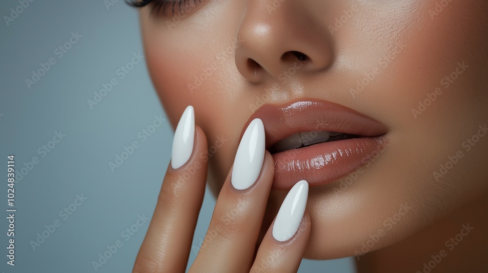 Wall mural Young woman touching her face isolated