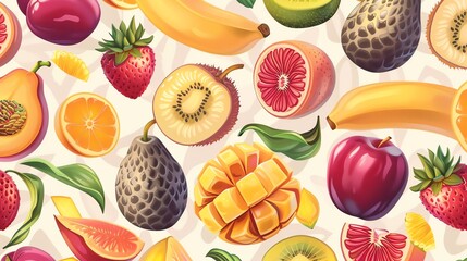 A seamless pattern of various fruits and leaves on a white background.