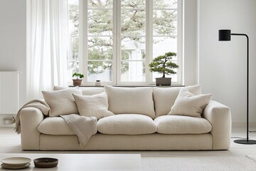Minimalist, modern japandi interiors in the living room with boucle sofas and bonsai in view. Generative AI
