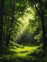 Obraz premium Sunbeams through trees in a lush forest