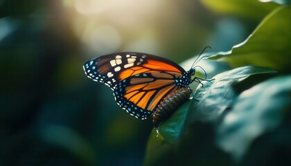 Fototapeta premium Monarch Butterfly Emerging from Chrysalis on Green Leaf