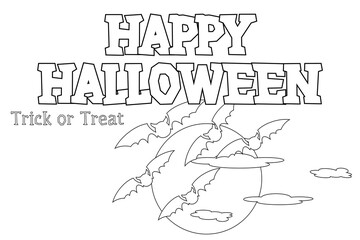 Fun Halloween coloring page featuring flying bats, a full moon, and spooky Trick or Treat text. Perfect for kids and adults alike.