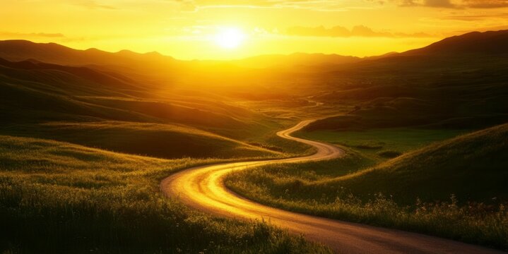 A winding road snakes its way through rolling hills  bathed in the golden light of a breathtaking sunset. The vibrant colors and peaceful scenery create a sense of tranquility and inspiration