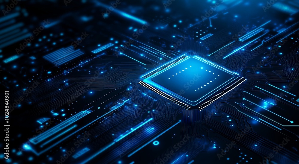Poster processor with lights on a blue background. cpu concept on a motherboard. quantum computer, large da
