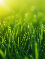 Obraz premium Dewdrops on Green Grass Blades Close Up Macro Photography