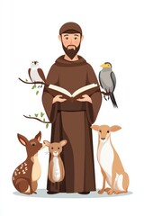 St. Francis near animals. Colorful, joyful, stylized, caricature, childish art. Light background.